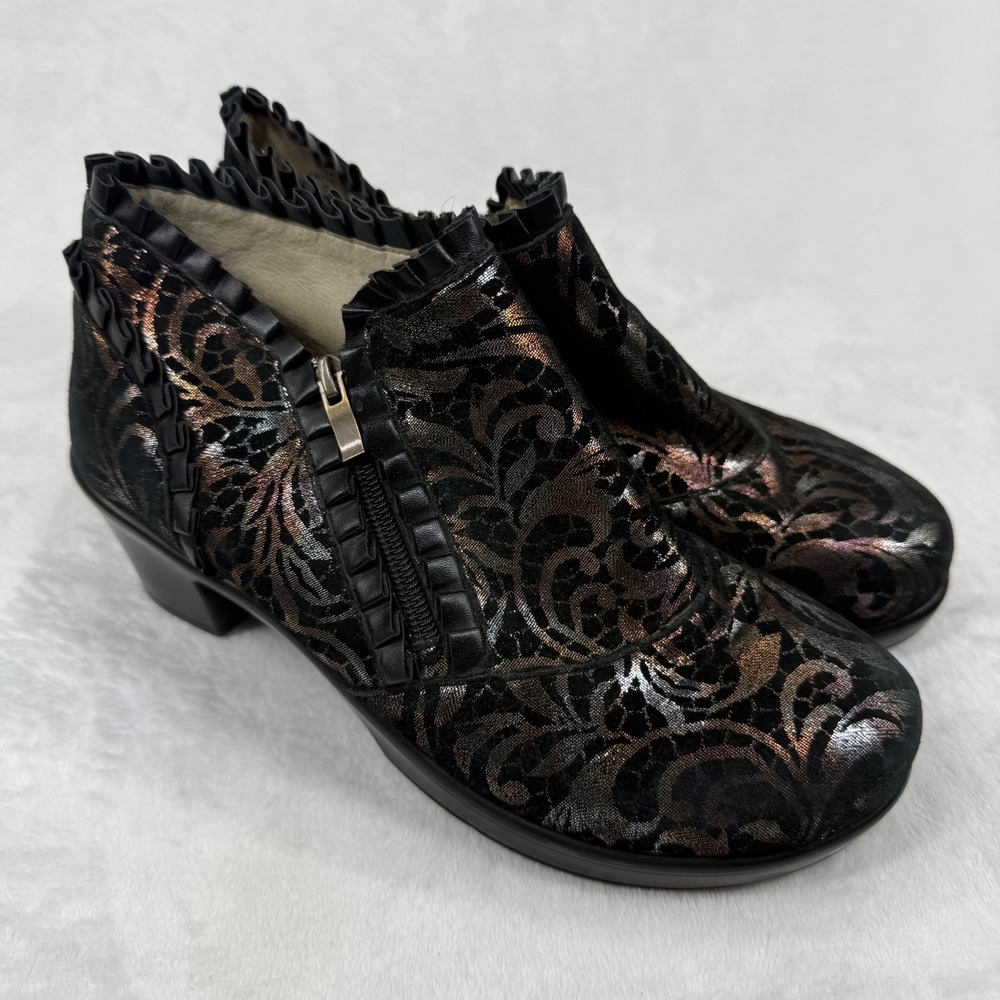 Alegria Hannah Black Metallic Floral Leather Ruffle Ankle‎ Booties HAN-448 EU 39